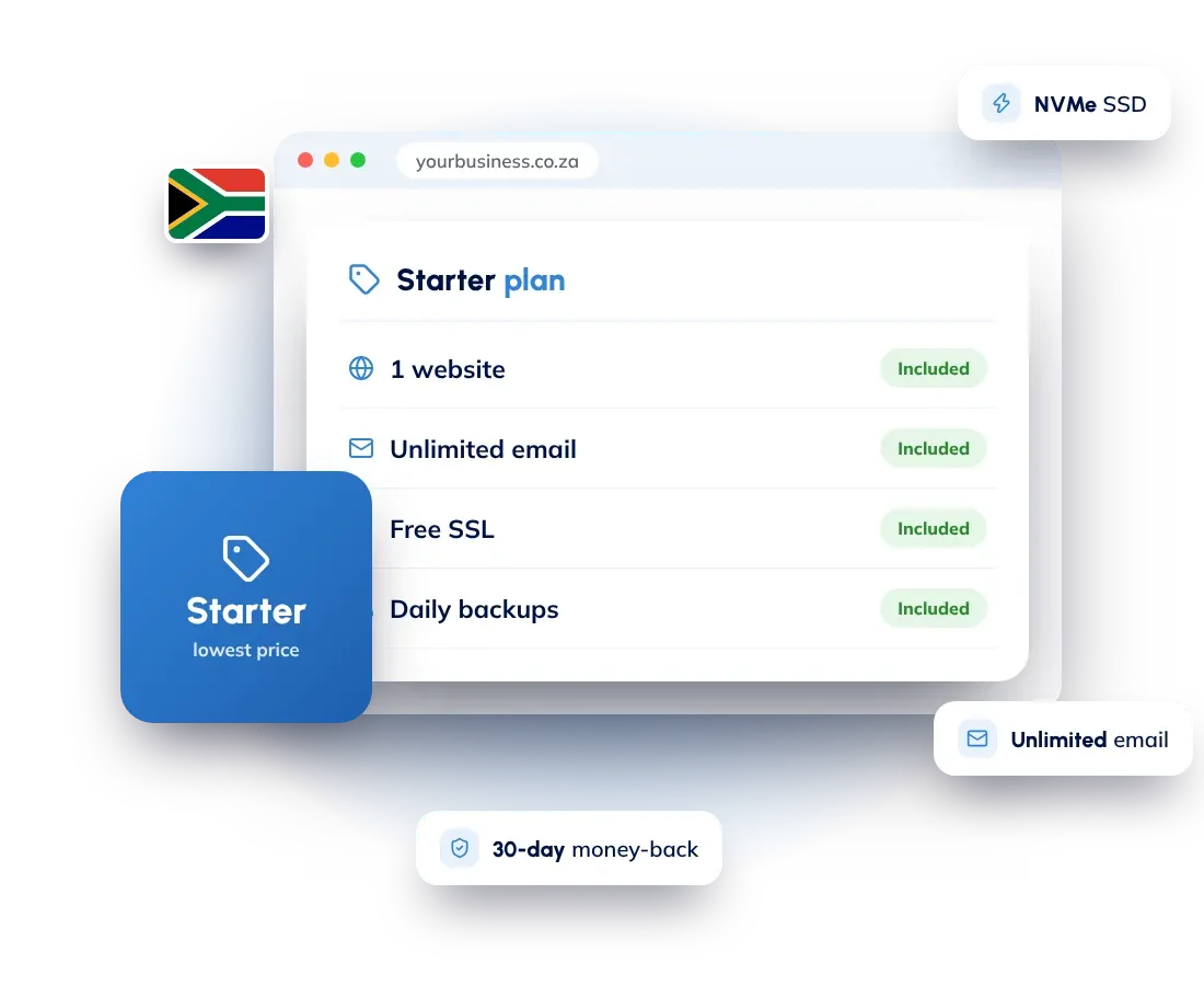 Cheap web hosting in South Africa: the Hostnali Starter plan with free SSL, unlimited email and daily backups