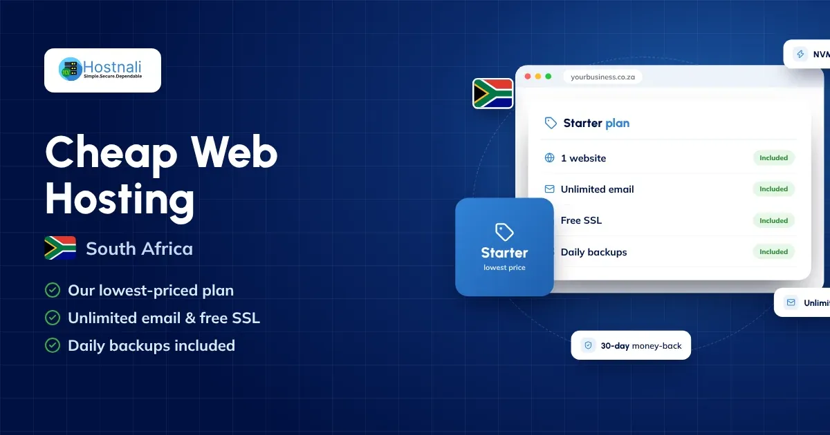 Cheap web hosting in South Africa: the Hostnali Starter plan with free SSL, unlimited email and daily backups