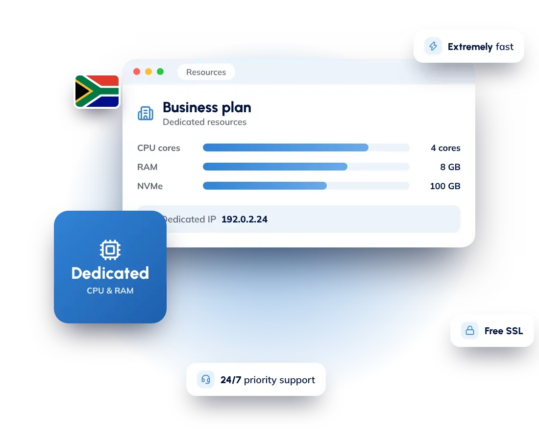 Corporate hosting in South Africa with Hostnali: dedicated RAM, CPU cores and a dedicated IP for business websites