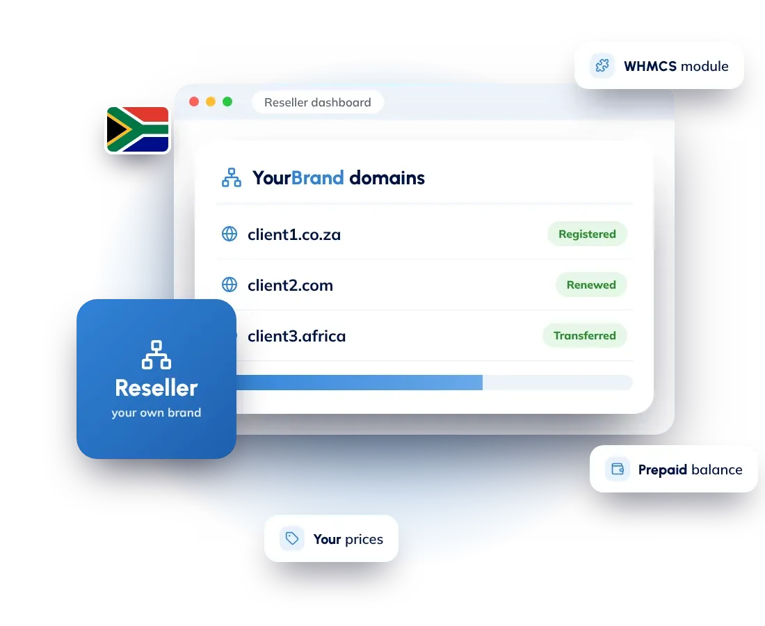 Domain reseller program in South Africa: sell .co.za and .com domains under your own brand from WHMCS