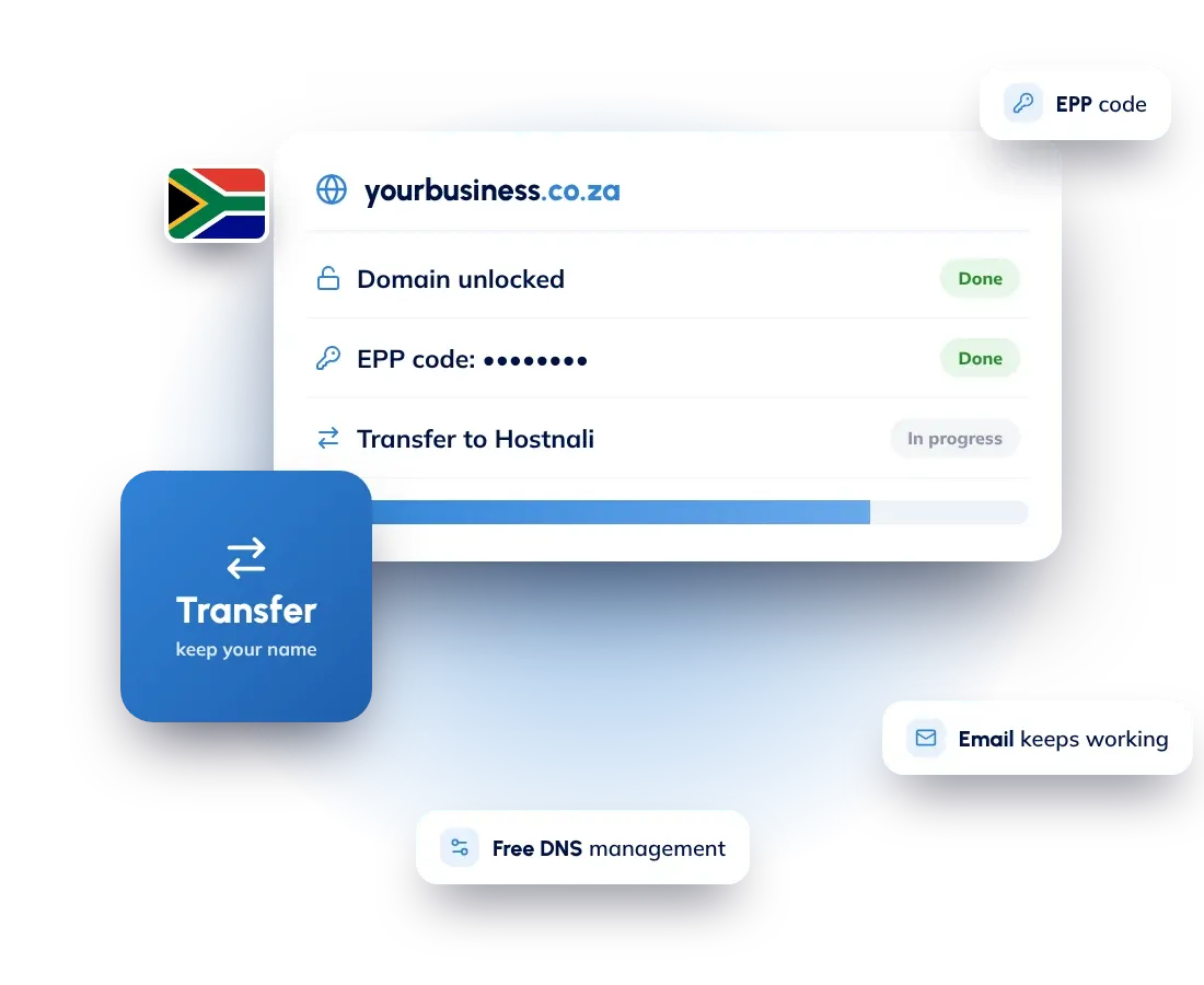 Domain transfer in South Africa: move your domain to Hostnali with its EPP code, with your website and email kept online