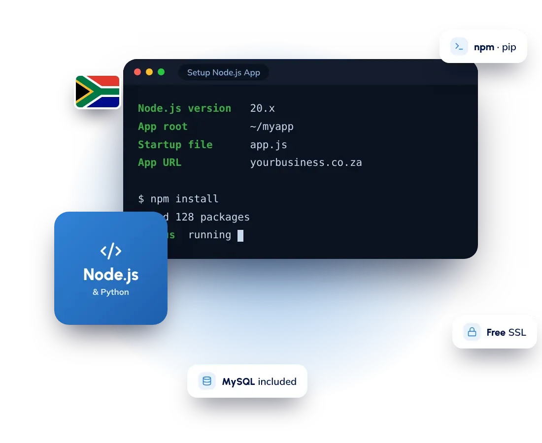 Node.js and Python hosting in South Africa: run Express, Django and Flask apps from cPanel