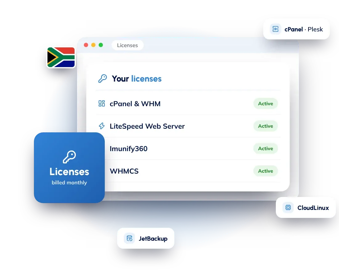 cPanel and software licenses in South Africa: cPanel, Plesk, DirectAdmin, LiteSpeed, CloudLinux, Imunify360 and WHMCS