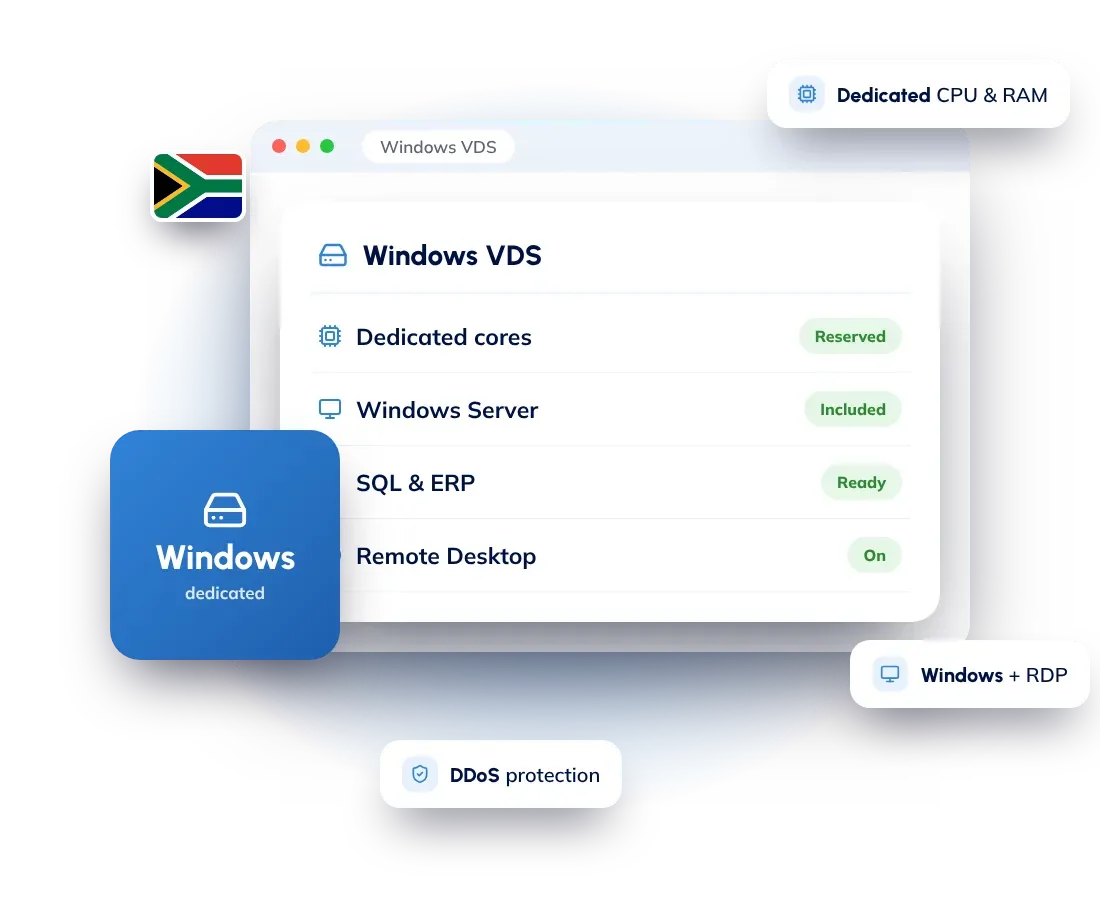 Windows dedicated servers in South Africa: dedicated CPU cores and RAM with Windows Server included